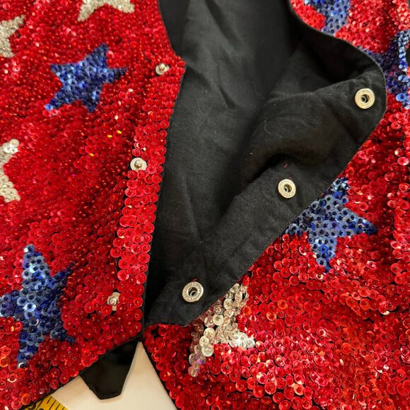 Vintage Vest Adult Small All Sequin Star Patriotic Snap Front Red White Blue - Picture 5 of 10